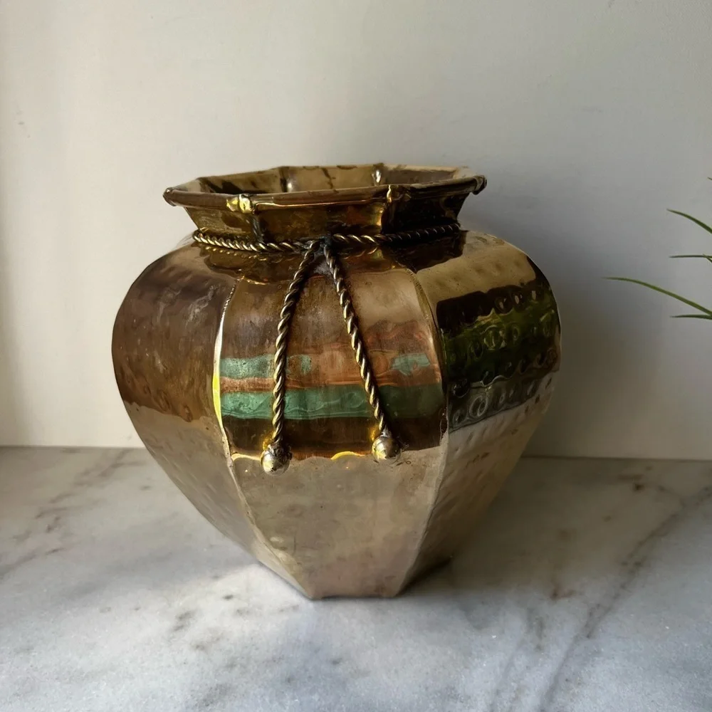 Elegant Gold Vase with Rope Detail vintage brass planter